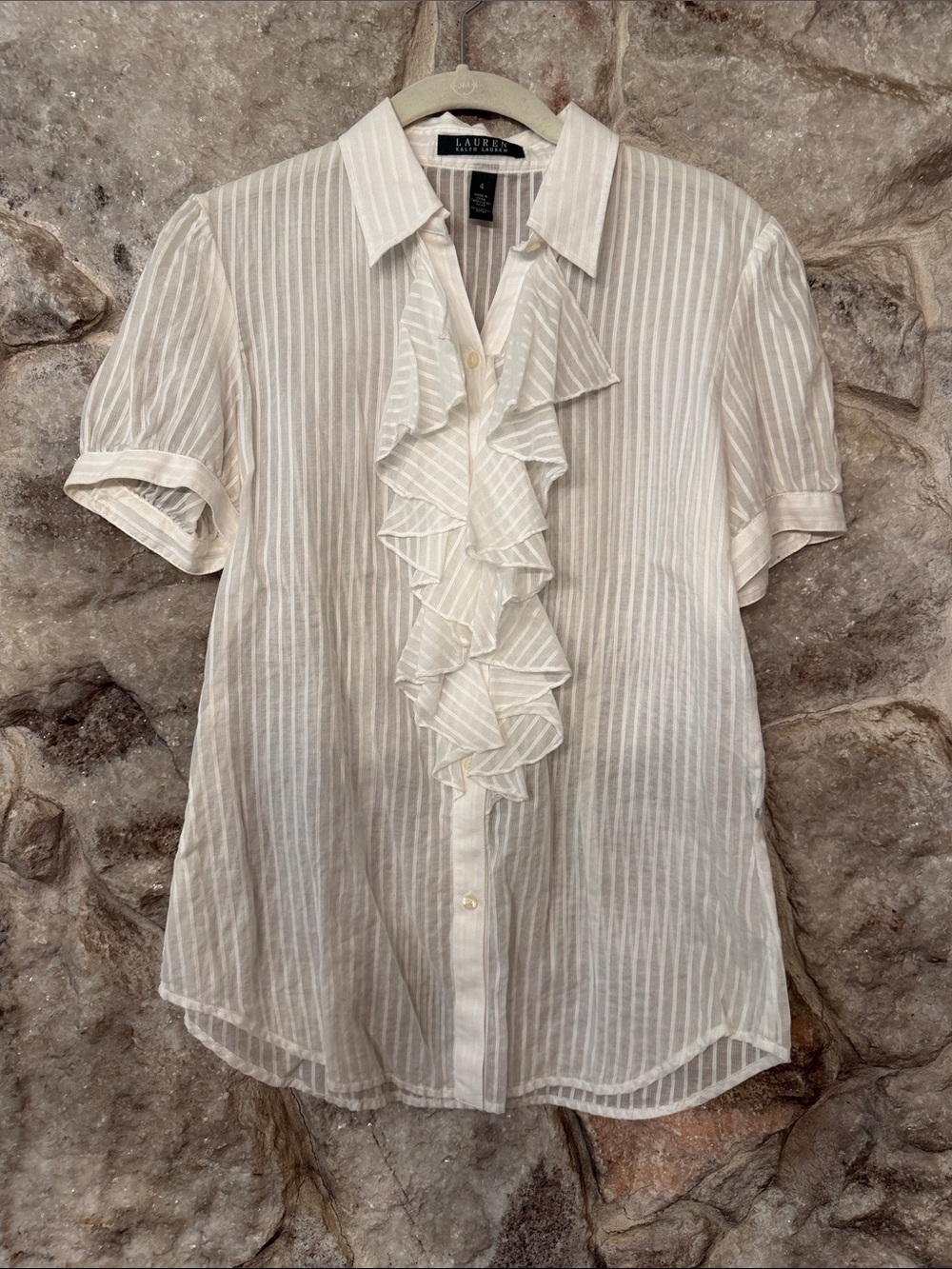 Lauren Ralph Lauren Cream Striped Ruffle Front Short-Sleeve Shirt